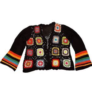 Vintage Inspired Granny Square Knitted Crochet Open Cardigan Sweater Black XXL
